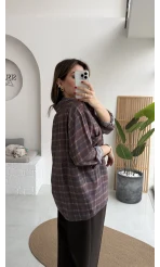 Baskılı Oversize Ekose Desenli Gömlek - Mürdüm - Kod: 4991
