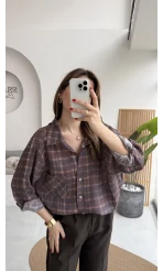 Baskılı Oversize Ekose Desenli Gömlek - Mürdüm - Kod: 4991