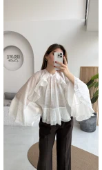 Fırfırlı Transparan Bluz - Beyaz - Kod: 5009