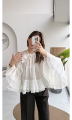 Fırfırlı Transparan Bluz - Beyaz - Kod: 5009