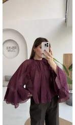 Fırfırlı Transparan Bluz - Mürdüm - Kod: 5009