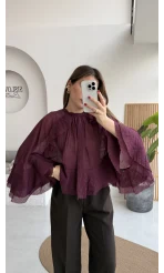 Fırfırlı Transparan Bluz - Mürdüm - Kod: 5009