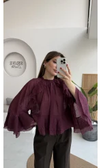 Fırfırlı Transparan Bluz - Mürdüm - Kod: 5009