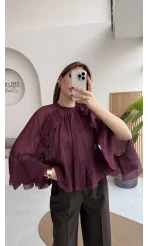 Fırfırlı Transparan Bluz - Mürdüm - Kod: 5009