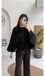 Fırfırlı Transparan Bluz - Siyah - Kod: 5009