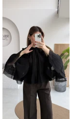 Fırfırlı Transparan Bluz - Siyah - Kod: 5009