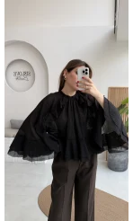Fırfırlı Transparan Bluz - Siyah - Kod: 5009