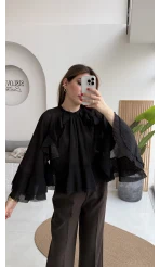 Fırfırlı Transparan Bluz - Siyah - Kod: 5009