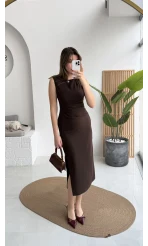 Jenny Pile Detay Yırtmaçlı Sıfır Kol Elbise - Acı Kahve - Kod: 0572