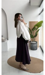 Bitter Kemerli Pileli Yırtmaç Detay Midi Boy Etek - Mürdüm - Kod: 5043