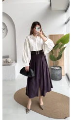 Bitter Kemerli Pileli Yırtmaç Detay Midi Boy Etek - Mürdüm - Kod: 5043