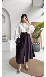 Bitter Kemerli Pileli Yırtmaç Detay Midi Boy Etek - Mürdüm - Kod: 5043