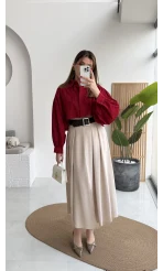 Bitter Kemerli Pileli Yırtmaç Detay Midi Boy Etek - Taş - Kod: 5043