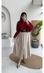 Bitter Kemerli Pileli Yırtmaç Detay Midi Boy Etek - Taş - Kod: 5043