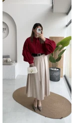 Bitter Kemerli Pileli Yırtmaç Detay Midi Boy Etek - Taş - Kod: 5043