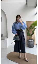 Bitter Kemerli Pileli Yırtmaç Detay Midi Boy Etek - Lacivert - Kod: 5043