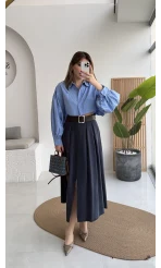 Bitter Kemerli Pileli Yırtmaç Detay Midi Boy Etek - Lacivert - Kod: 5043