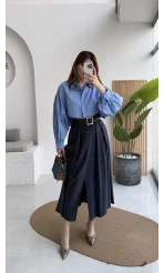 Bitter Kemerli Pileli Yırtmaç Detay Midi Boy Etek - Lacivert - Kod: 5043