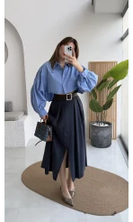 Bitter Kemerli Pileli Yırtmaç Detay Midi Boy Etek - Lacivert - Kod: 5043