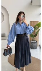 Bitter Kemerli Pileli Yırtmaç Detay Midi Boy Etek - Lacivert - Kod: 5043