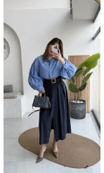 Bitter Kemerli Pileli Yırtmaç Detay Midi Boy Etek - Lacivert - Kod: 5043