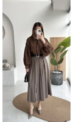 Bitter Kemerli Pileli Yırtmaç Detay Midi Boy Etek - Haki - Kod: 5043