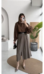 Bitter Kemerli Pileli Yırtmaç Detay Midi Boy Etek - Haki - Kod: 5043