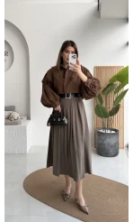 Bitter Kemerli Pileli Yırtmaç Detay Midi Boy Etek - Haki - Kod: 5043