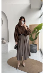 Bitter Kemerli Pileli Yırtmaç Detay Midi Boy Etek - Haki - Kod: 5043