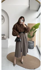 Bitter Kemerli Pileli Yırtmaç Detay Midi Boy Etek - Haki - Kod: 5043