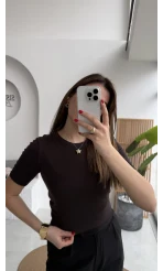 Dilvin Bisiklet Yaka Kısa Kol Triko Bluz - Koyu Kahve - Kod: 10779