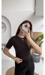 Dilvin Bisiklet Yaka Kısa Kol Triko Bluz - Koyu Kahve - Kod: 10779