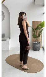 Caterina Sivri Yaka Yelek-Pantolon Takım - Acı Kahve - Kod: 8895