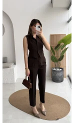 Caterina Sivri Yaka Yelek-Pantolon Takım - Acı Kahve - Kod: 8895