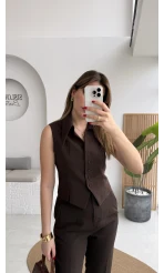 Caterina Sivri Yaka Yelek-Pantolon Takım - Acı Kahve - Kod: 8895