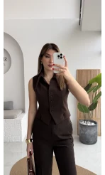 Caterina Sivri Yaka Yelek-Pantolon Takım - Acı Kahve - Kod: 8895