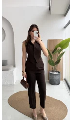 Caterina Sivri Yaka Yelek-Pantolon Takım - Acı Kahve - Kod: 8895