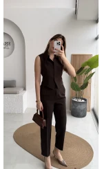 Caterina Sivri Yaka Yelek-Pantolon Takım - Acı Kahve - Kod: 8895