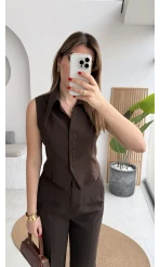 Caterina Sivri Yaka Yelek-Pantolon Takım - Acı Kahve - Kod: 8895