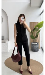 Caterina Sivri Yaka Yelek-Pantolon Takım - Siyah - Kod: 8895