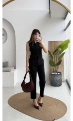 Caterina Sivri Yaka Yelek-Pantolon Takım - Siyah - Kod: 8895