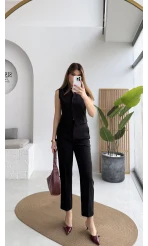 Caterina Sivri Yaka Yelek-Pantolon Takım - Siyah - Kod: 8895