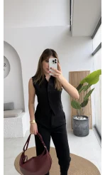 Caterina Sivri Yaka Yelek-Pantolon Takım - Siyah - Kod: 8895