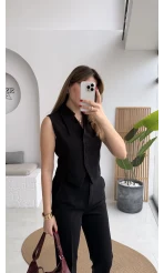 Caterina Sivri Yaka Yelek-Pantolon Takım - Siyah - Kod: 8895