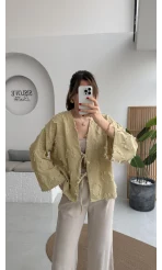 Püskül Detay Bağlamalı Kimono - Haki - Kod: 7012