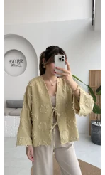 Püskül Detay Bağlamalı Kimono - Haki - Kod: 7012