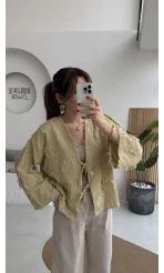 Püskül Detay Bağlamalı Kimono - Haki - Kod: 7012