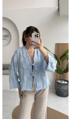 Püskül Detay Bağlamalı Kimono - Bebe Mavisi - Kod: 7012