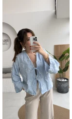 Püskül Detay Bağlamalı Kimono - Bebe Mavisi - Kod: 7012