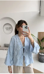 Püskül Detay Bağlamalı Kimono - Bebe Mavisi - Kod: 7012